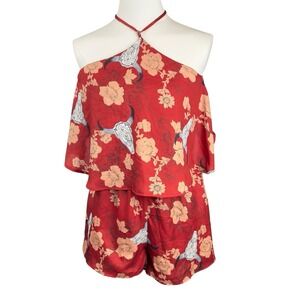 Peach Love Halter Neck Rust Floral Skull Print Open Back Romper Small Festival